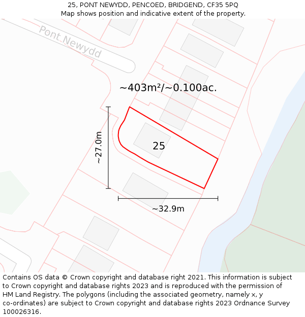 25, PONT NEWYDD, PENCOED, BRIDGEND, CF35 5PQ: Plot and title map