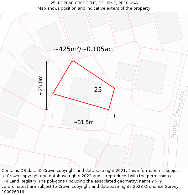 25, POPLAR CRESCENT, BOURNE, PE10 9SA: Plot and title map