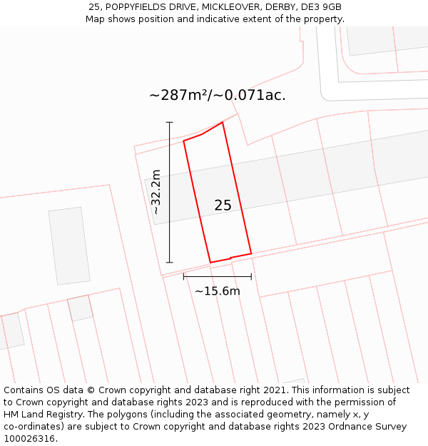 25, POPPYFIELDS DRIVE, MICKLEOVER, DERBY, DE3 9GB: Plot and title map