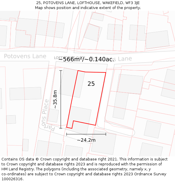 25, POTOVENS LANE, LOFTHOUSE, WAKEFIELD, WF3 3JE: Plot and title map