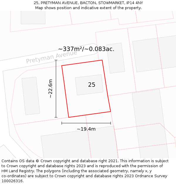 25, PRETYMAN AVENUE, BACTON, STOWMARKET, IP14 4NY: Plot and title map