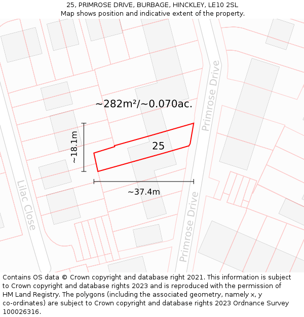 25, PRIMROSE DRIVE, BURBAGE, HINCKLEY, LE10 2SL: Plot and title map