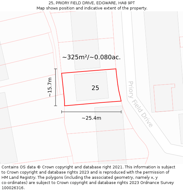 25, PRIORY FIELD DRIVE, EDGWARE, HA8 9PT: Plot and title map