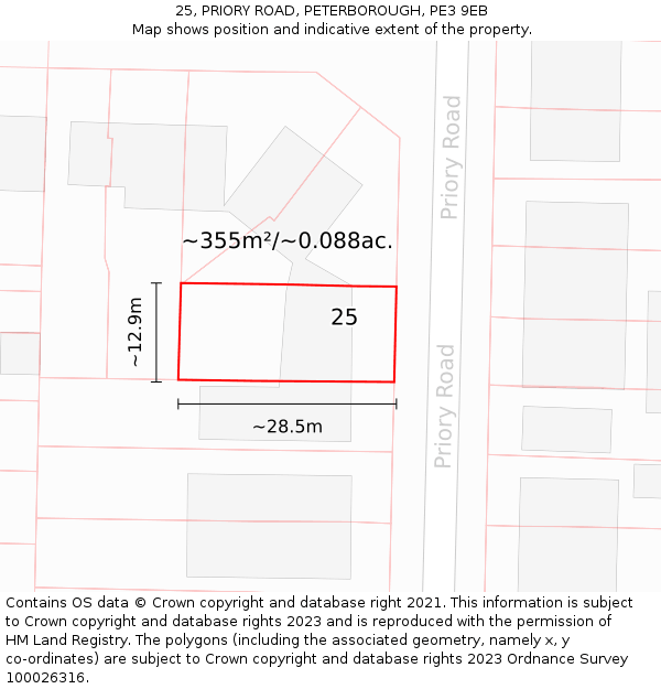 25, PRIORY ROAD, PETERBOROUGH, PE3 9EB: Plot and title map