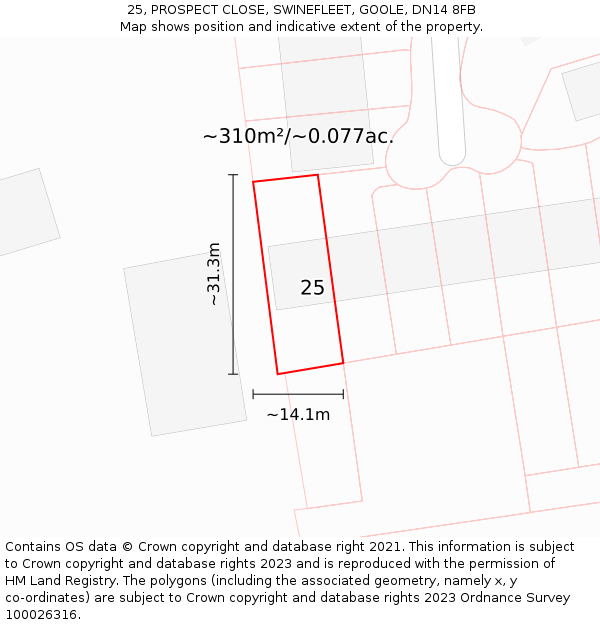 25, PROSPECT CLOSE, SWINEFLEET, GOOLE, DN14 8FB: Plot and title map