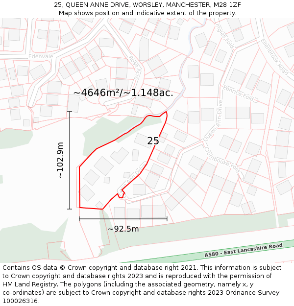 25, QUEEN ANNE DRIVE, WORSLEY, MANCHESTER, M28 1ZF: Plot and title map