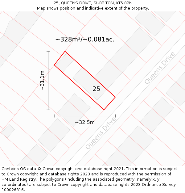 25, QUEENS DRIVE, SURBITON, KT5 8PN: Plot and title map