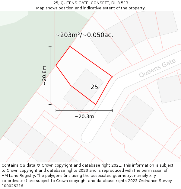 25, QUEENS GATE, CONSETT, DH8 5FB: Plot and title map