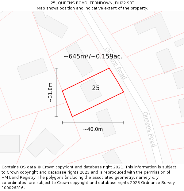 25, QUEENS ROAD, FERNDOWN, BH22 9RT: Plot and title map