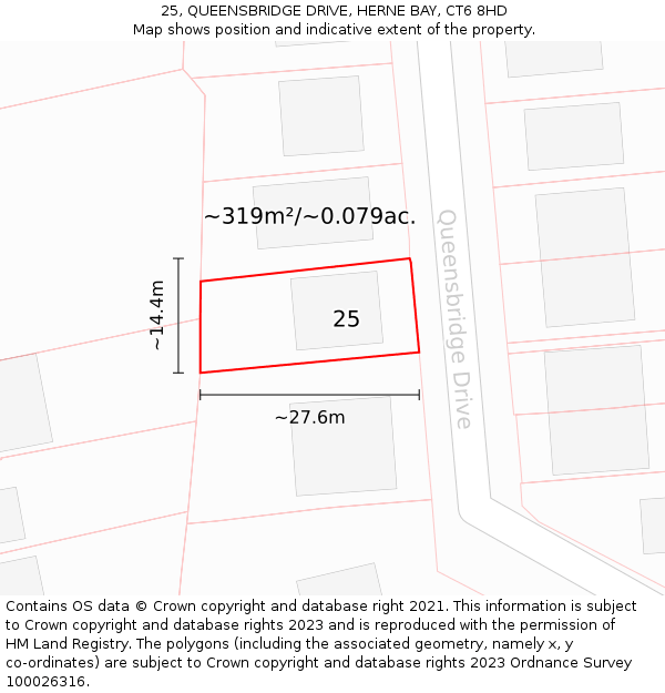 25, QUEENSBRIDGE DRIVE, HERNE BAY, CT6 8HD: Plot and title map