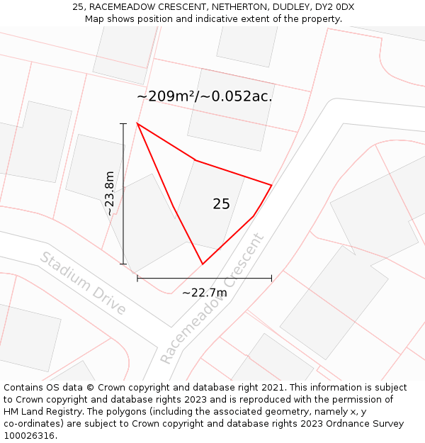 25, RACEMEADOW CRESCENT, NETHERTON, DUDLEY, DY2 0DX: Plot and title map