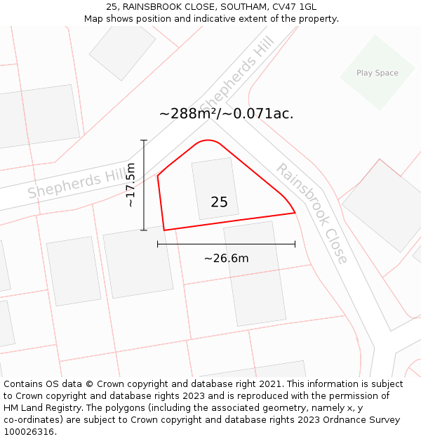 25, RAINSBROOK CLOSE, SOUTHAM, CV47 1GL: Plot and title map