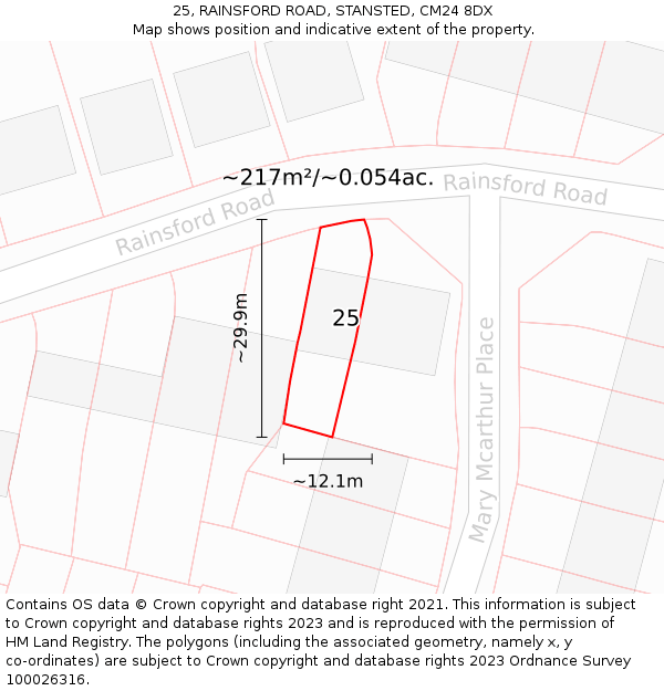 25, RAINSFORD ROAD, STANSTED, CM24 8DX: Plot and title map