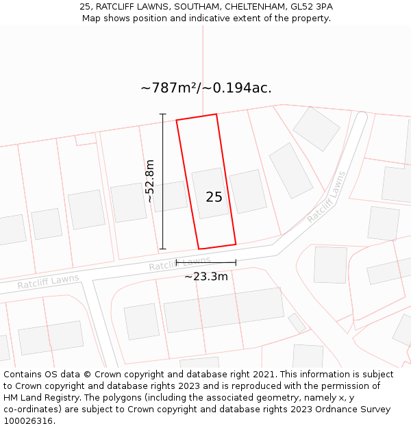 25, RATCLIFF LAWNS, SOUTHAM, CHELTENHAM, GL52 3PA: Plot and title map