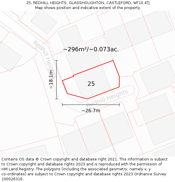 25, REDHILL HEIGHTS, GLASSHOUGHTON, CASTLEFORD, WF10 4TJ: Plot and title map