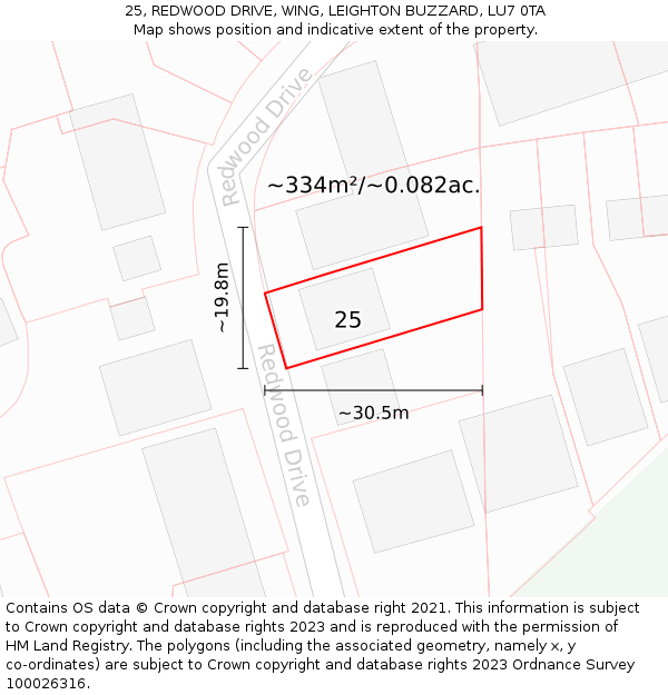 25, REDWOOD DRIVE, WING, LEIGHTON BUZZARD, LU7 0TA: Plot and title map