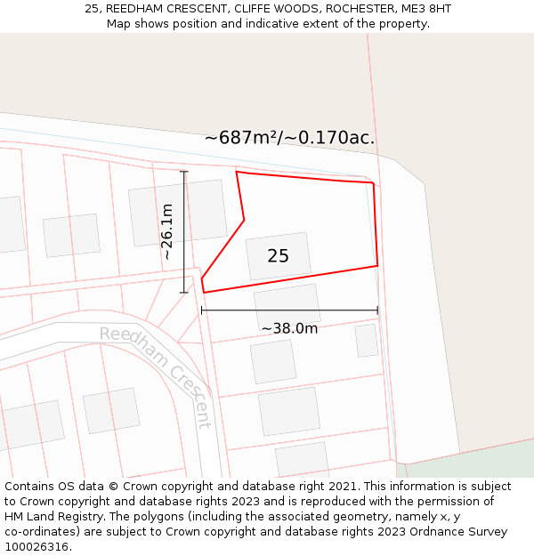 25, REEDHAM CRESCENT, CLIFFE WOODS, ROCHESTER, ME3 8HT: Plot and title map