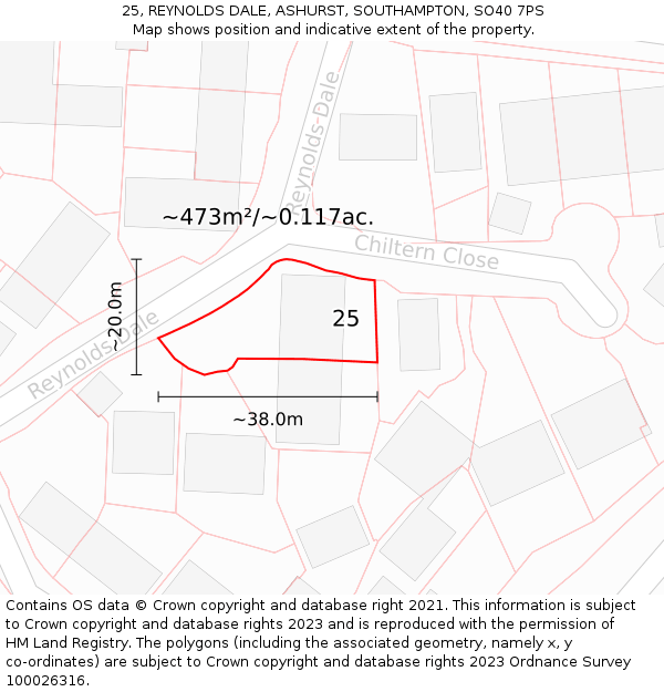 25, REYNOLDS DALE, ASHURST, SOUTHAMPTON, SO40 7PS: Plot and title map