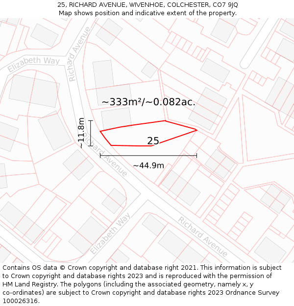 25, RICHARD AVENUE, WIVENHOE, COLCHESTER, CO7 9JQ: Plot and title map