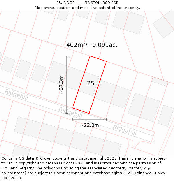 25, RIDGEHILL, BRISTOL, BS9 4SB: Plot and title map