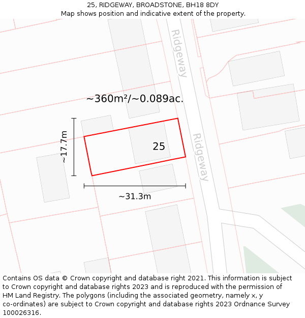 25, RIDGEWAY, BROADSTONE, BH18 8DY: Plot and title map