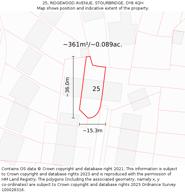 25, RIDGEWOOD AVENUE, STOURBRIDGE, DY8 4QH: Plot and title map