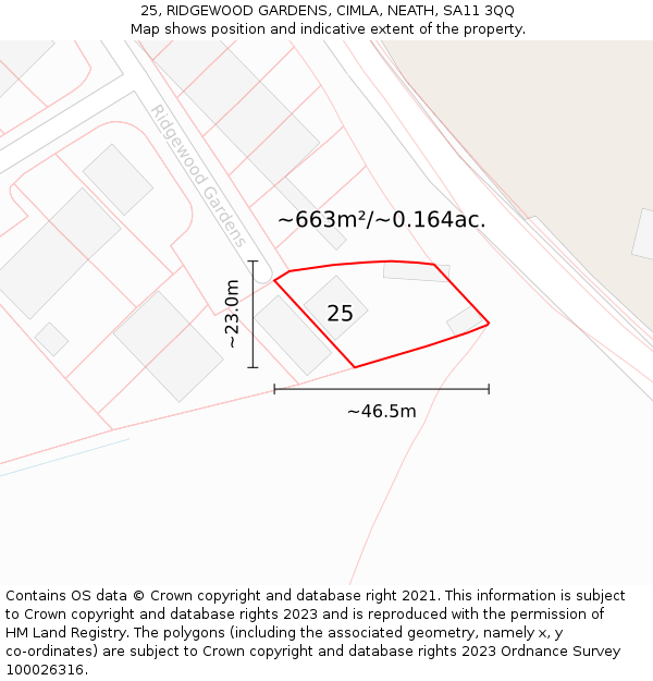 25, RIDGEWOOD GARDENS, CIMLA, NEATH, SA11 3QQ: Plot and title map