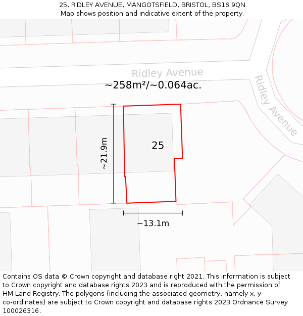 25, RIDLEY AVENUE, MANGOTSFIELD, BRISTOL, BS16 9QN: Plot and title map