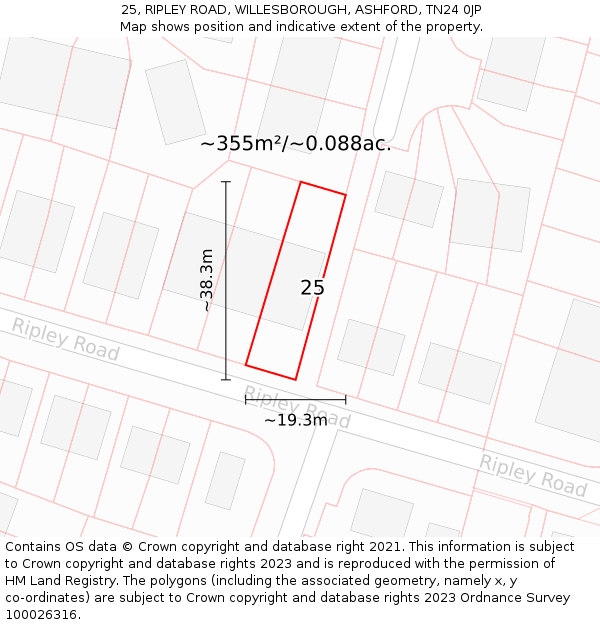 25, RIPLEY ROAD, WILLESBOROUGH, ASHFORD, TN24 0JP: Plot and title map