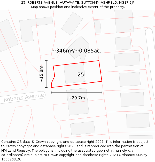 25, ROBERTS AVENUE, HUTHWAITE, SUTTON-IN-ASHFIELD, NG17 2JP: Plot and title map