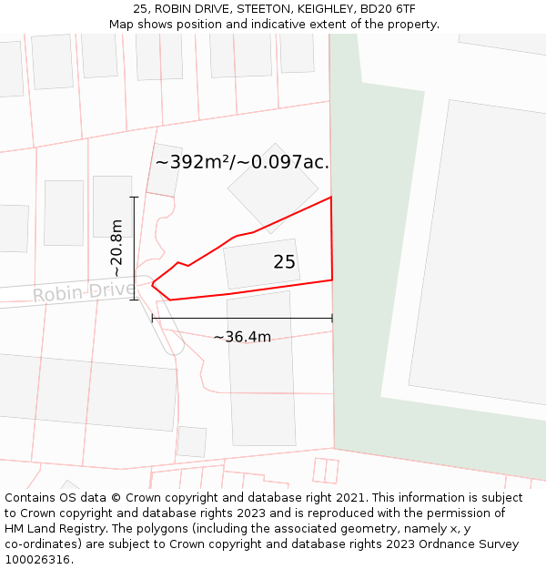 25, ROBIN DRIVE, STEETON, KEIGHLEY, BD20 6TF: Plot and title map