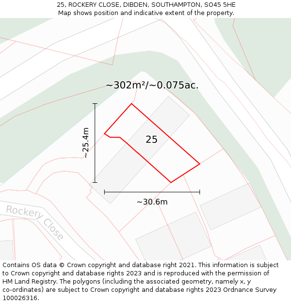 25, ROCKERY CLOSE, DIBDEN, SOUTHAMPTON, SO45 5HE: Plot and title map