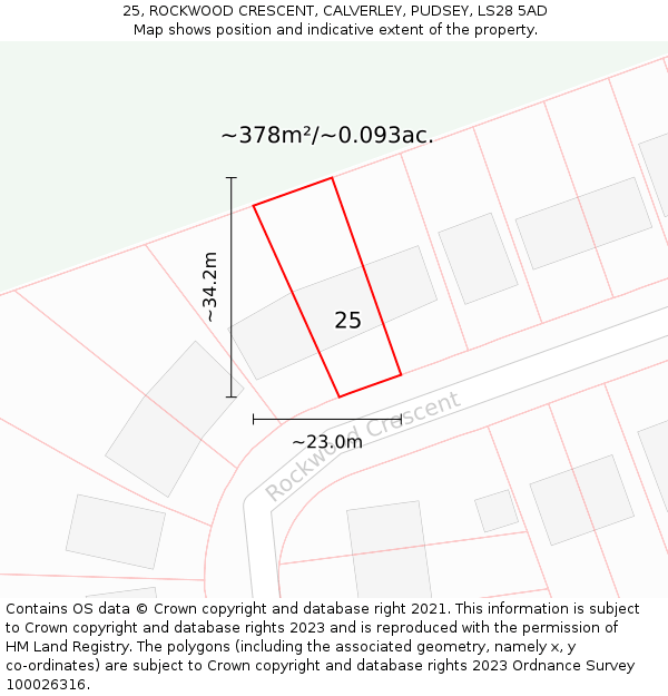 25, ROCKWOOD CRESCENT, CALVERLEY, PUDSEY, LS28 5AD: Plot and title map