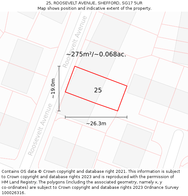 25, ROOSEVELT AVENUE, SHEFFORD, SG17 5UR: Plot and title map