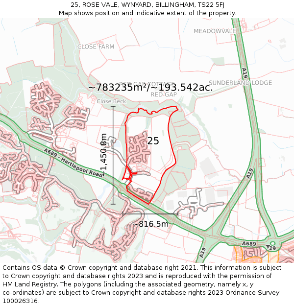 25, ROSE VALE, WYNYARD, BILLINGHAM, TS22 5FJ: Plot and title map