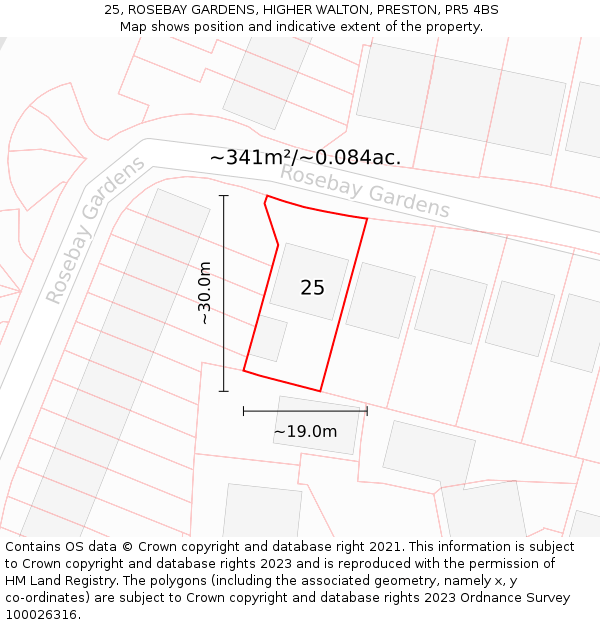 25, ROSEBAY GARDENS, HIGHER WALTON, PRESTON, PR5 4BS: Plot and title map