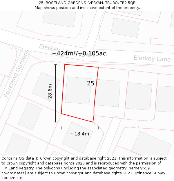 25, ROSELAND GARDENS, VERYAN, TRURO, TR2 5QR: Plot and title map