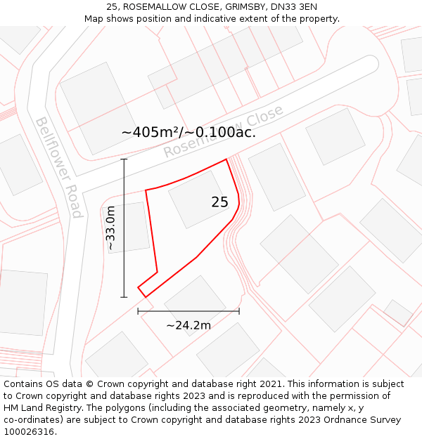 25, ROSEMALLOW CLOSE, GRIMSBY, DN33 3EN: Plot and title map