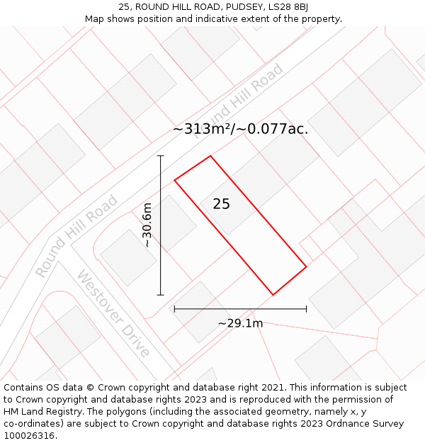 25, ROUND HILL ROAD, PUDSEY, LS28 8BJ: Plot and title map