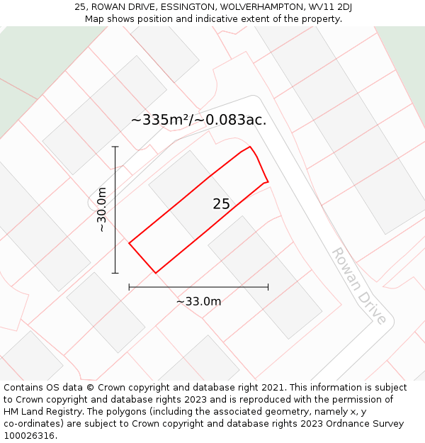 25, ROWAN DRIVE, ESSINGTON, WOLVERHAMPTON, WV11 2DJ: Plot and title map