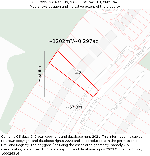 25, ROWNEY GARDENS, SAWBRIDGEWORTH, CM21 0AT: Plot and title map