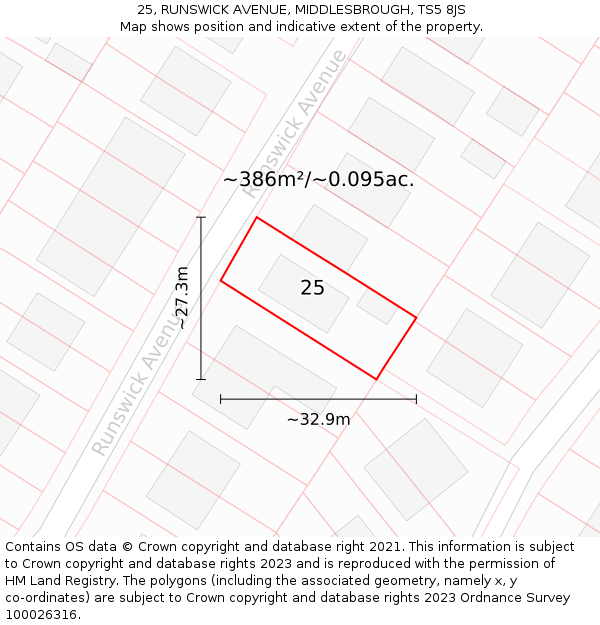 25, RUNSWICK AVENUE, MIDDLESBROUGH, TS5 8JS: Plot and title map