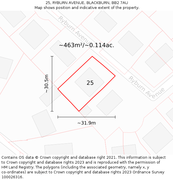 25, RYBURN AVENUE, BLACKBURN, BB2 7AU: Plot and title map