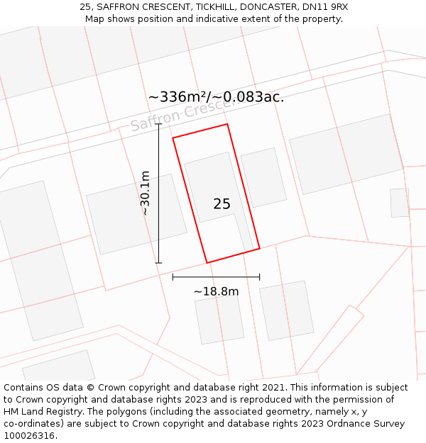 25, SAFFRON CRESCENT, TICKHILL, DONCASTER, DN11 9RX: Plot and title map