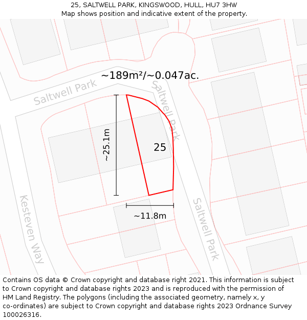 25, SALTWELL PARK, KINGSWOOD, HULL, HU7 3HW: Plot and title map