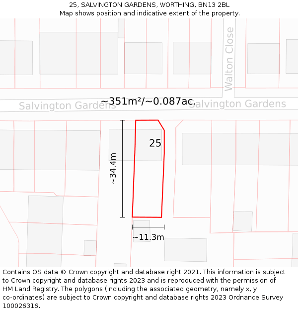 25, SALVINGTON GARDENS, WORTHING, BN13 2BL: Plot and title map