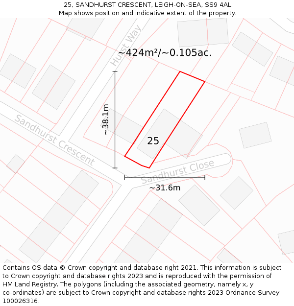 25, SANDHURST CRESCENT, LEIGH-ON-SEA, SS9 4AL: Plot and title map