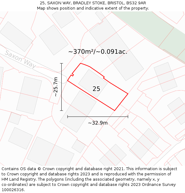 25, SAXON WAY, BRADLEY STOKE, BRISTOL, BS32 9AR: Plot and title map