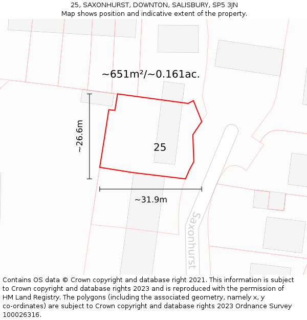 25, SAXONHURST, DOWNTON, SALISBURY, SP5 3JN: Plot and title map