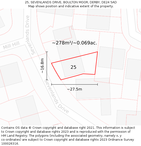 25, SEVENLANDS DRIVE, BOULTON MOOR, DERBY, DE24 5AD: Plot and title map